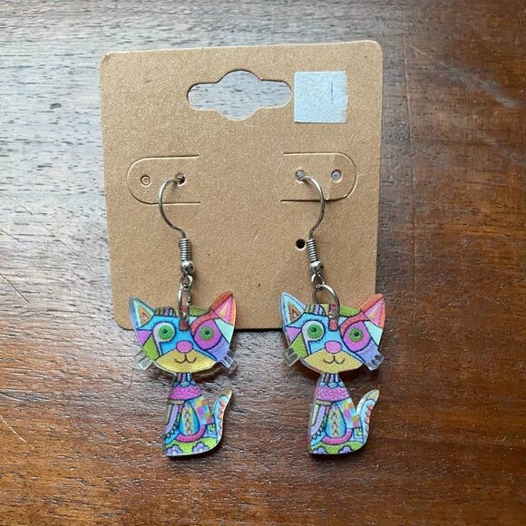Bundle 3 pairs for $12.  Colorful Cat Dangle Earrings - Picture 1 of 3